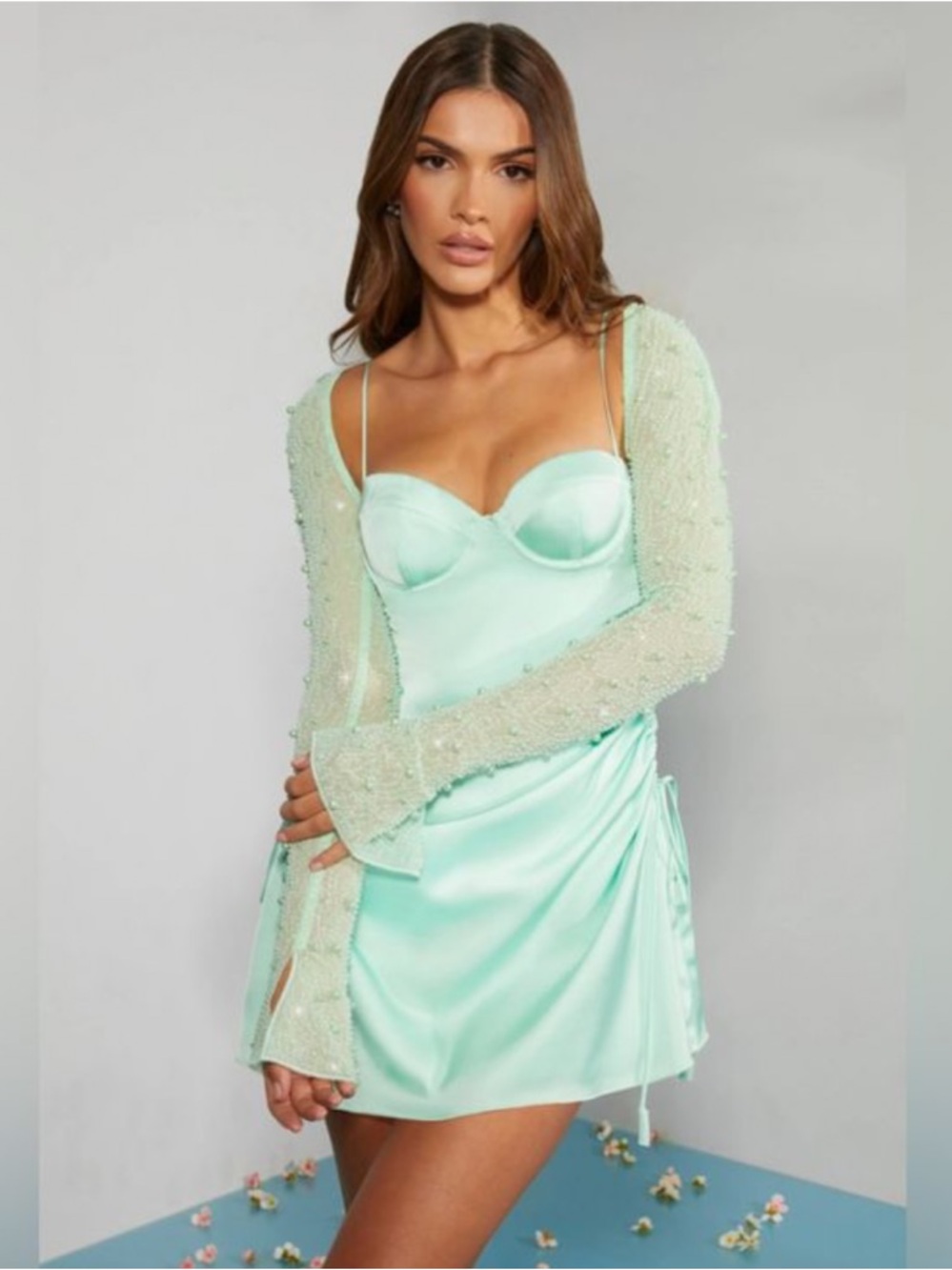 Oh Polly Geneva Mint Satin Mini Dress + Beaded Shrug